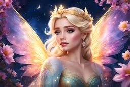 big fairy wings. As the night sky casts its dreamy gaze upon Elsa, amidst the vibrant blossoms of spring, her blonde right locks shimmer like a golden halo. high purity. highly detailed, digital art, beautiful detailed digital art, colorful, high quality, 4k