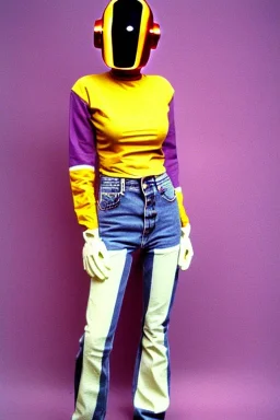 Photograph of a woman. Low waist jeans, baggy, 1996,1997,1998!Big serigraph print of a plant!Terracotta,cream,purple,lilac. Cream colored latex parts. imperial yellow, red plum stripes, only on the top half of t-shirt. European daft punk woman. Mantle is sewed of recycled Denim and sewed together of recycled polymer felt. lace, Yellow(Munsell) areas. hint of orange as effect color!!Big bright purple/khaki felt tippet and cream or blue or lilac colored-hood. mantle is merged with cobalt