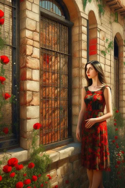 A beautiful young woman standing in classic old building with bricks stones texture with a balcony filled with red poppies growing out of it , oil colors drawing with Busch painting style