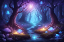 Magischer Wald mit blau leuchtenden Edelsteinen, lila Büschen, Irrlichter im Fantasystil.