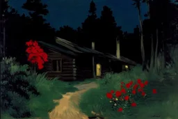 Night, cabin, pine trees, pathway, red flowers, edouard manet impressionism painting