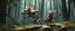 rat gremlin elf halfling pixie runner, airbrush and pen outline, realistic 3d rendering with high contrast forest background