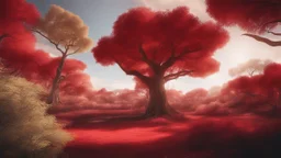 Wide-angle photorealistic fantasy landscape of unearthly delights, red tones, and acacia trees