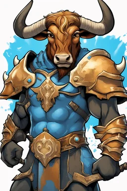 Bevo, the Texas Longhorn as a minotaur wearing black plate armor, trimmed in shiny blue, holding a mace crackling with thunderous energy