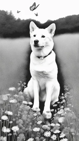 Love cat , love dog , add a butterfly on a wild flowers to this picture thin line draw