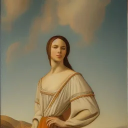 A Italian painting of a Latina young woman in a dress in front of a Mormon temple in sunshine in the style of DaVinci