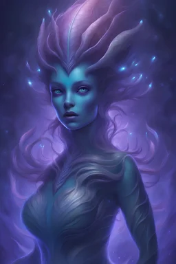 bioluminescent purple curvy humanoid alien mermaid with large head fins and large divine glowing luminess eyes