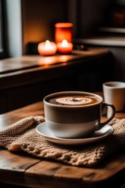 hot cup of coffee on cozy and warm kitchen table
