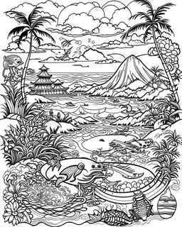 coloring pages for kids, Pacific island shaped Japanese ink painting, muted colors, including Dark black highlights to draw attention , rice paper texture, splashed paint, tropical beach, paradise, sea turtles, yellow sun, a Polynesian warrior , Art drawing ; ink , super detailed, text a the bottom “Tonga”, anime cartoon style, thick lines, low detail, black and white, no shading, --ar 85:110