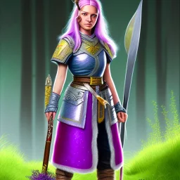 A Halfling woman adventurer with green eyes sitting against a silver bark tree with pink and purple leaves.