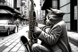 One single mature cat playing saxophone on the street, Osaka, thoughtful, mourning, model style, hyper realistic, extremely accurate, delicate, extremely detailed, Graphic novel style, wide-angle, open aperture, superfine pencil