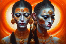 a painting of a woman with her eyes closed and her face painted in bright red orange and black colors, stunning and vibrant artwork, intricate and intense oil paint, by android jones, by Cedric Seaut, expressive beautiful, rhads, daniel lezama painting style, by Anthony Devas, gorgeous, face submerged in colorful oils, by Noe Canjura, by Ndoc Martini