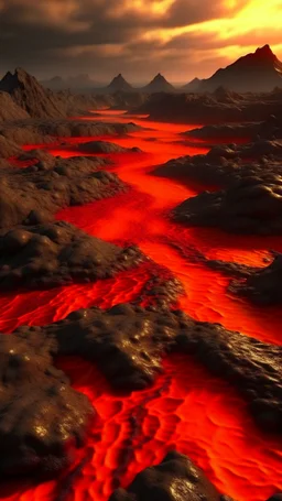 Hellscape mostly flatland with rocks and lava rivers, realistic