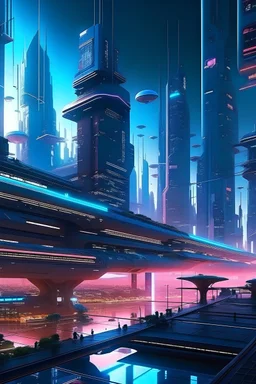 Imagine a futuristic cityscape with towering skyscrapers, flying cars zipping through neon-lit streets, and holographic billboards