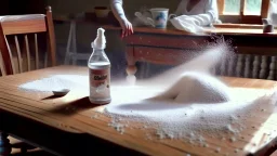 wooden table with invisible tabletop while woman sprinkles baby powder all over the room looking for it