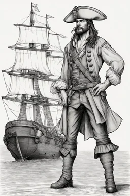 ,make a hero strong human, very realistic, fine line drawn. Make it wearing a pirate dress standing by the ship stern