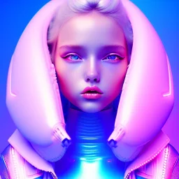 blonde woman teenager, padded coat, retro futuristic, latex dress, gradient color, BLUE, PINK, CYAN, neon, insanely detailed, 16k resolution, perfect eyes, cinematic smooth, intricate detail