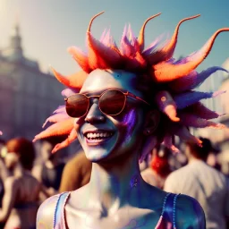 Ultra Realistic photo, medium shot view, drunken dancer woman, carnival scene, monster hair, steampunk. Red hair, confeti, Sunglasses, smile, happy, festival, gradient color fog. highly detailed, concept art, unreal engine 5, ray tracing, RTX, lumen lighting, ultra detail, volumetric lighting, 3d, finely drawn, high definition, high resolution.