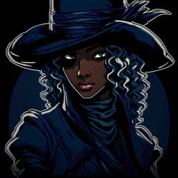 Bad ass stylish curly haired dark skinned Lady Maria from Bloodborne in blue pixel art