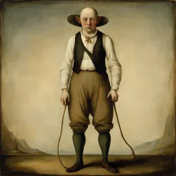 Weird stranger in suspenders and odd onion shaped pants, by Odd Nerdrum and Hieronymus Bosch, quirky, sinister, creepy