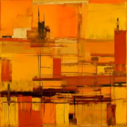 An yellowish orange colored pixelated junkyard painted by Mark Rothko