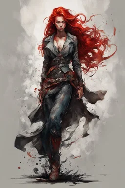 full body character concept illustration of a long red haired, Pict woman, , maximalist, sharp focus, highest resolution, in the styles of Denis Forkas , and Masahiro Ito, boldly inked, 8k, coarse, gritty textures