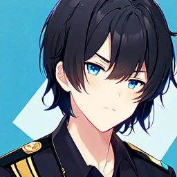 (masterpiece), (anime style), award winning, close up, centered, headshot, looking toward camera, messy black hair, young man, blue eyes, modern intricate background, dynamic lighting, depth of field, ultra detailed, (epic composition, epic proportion), 2D illustration, professional work, black clothes