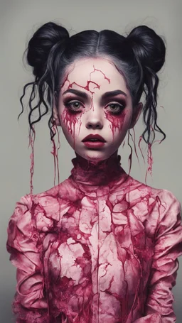 full color, illustration of a darkred and pink tones, menacing, Singer Melanie Martinez face, as a decayed, broken, skin turned translucent, black veins that extended like roots beneath her skin, latex suit, crude homemade cloth doll toy, with a narrow cracked porcelain face, thick dark eyebrows, hair in two gradually, made from ragged strips of cloth, in the style of Alex Pardee, Tim Burton, and Nadya Sheremet