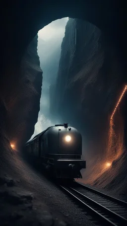 Shi Fi, a train coming out a mountain tunnel , atmospheric lighting effects, intricate industrial details, moody atmosphere, eerie grimdark ambiance, complex motherboard accents, speculative fiction art. Bokeh