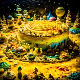 Detailed creepy landscape made of cake-frosting and modeling clay, stars and planets, Amano, Roger Dean l, strong texture, Ernst Haekel, extreme detail, intricate, colours, Max Ernst, decal, rich moody colors, sparkles, bokeh, odd