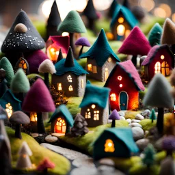 Close-up photograph of a village made of felt, people, houses, rock formations, animals, fungi, crystals, mineral concretions, extreme detail, intricate, volumetric light, colours, Tim Burton, Harry Potter, sparkles, bokeh