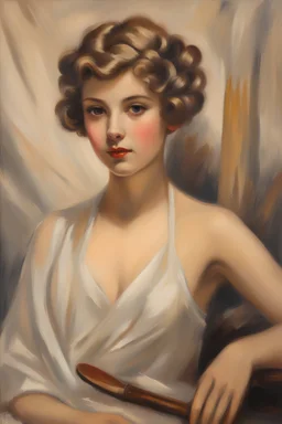 oil painting Vladimír Stříbrný, portrait of a naked charming young girl hairstyle mikado like from the 20s