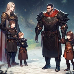 Boy wearing leather armor with family