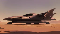 sleek spaceship, sitting in a desert, surrounded by ruined buildings