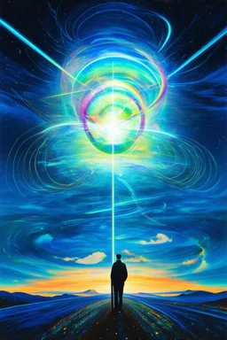 light spinning through quantum entanglement across the holographic horizon; a surreal mashup inspired by Magritte and Ernst