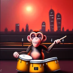 A monkey playing the drums, london skyline at night, oil painting