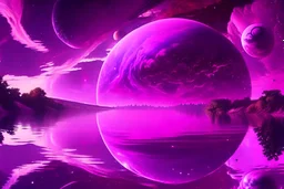 fushsia sky, planet in the sky, lake, sci-fi, mountains, galactic cosmic influence