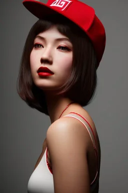 Mystery girl, red hat, head bowed. She has beautiful eyes. Her hair flies in the air., closed eyes, rtx, reflection, 8k, glow, winning photography, caustics