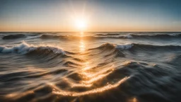 Sea of Endless waves with the sparkling reflection of the sun, golden hour, Canon RF 16mm f:2.8 STM Lens, hyperrealistic photography, style of unsplash and National Geographic