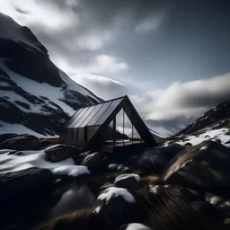 Hut out of dark wood, glass and rocks with special, unique architecture. On a snowy, landscape, mountains in the distance.