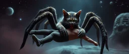 vampire space spider cat holding a human in its grip
