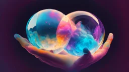 Chrystal ball to look into the future, hands around the ball, smoke appearing inside the ball, pink, dark blue, orange, yellow, aqua blue, very detailed and realistic, ilustration