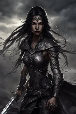 SA female elf with skin the color of storm clouds, deep grey, stands ready for battle. Her long black hair flows behind her like a shadow, while her eyes gleam with a fierce silver light. Despite the grim set of her mouth, there's a undeniable beauty in her fierce countenance. She's been in a fight, evidenced by the ragged state of her leather armor and the red cape that's seen better days, edges frayed and torn. In her hands, she grips two daggers, add dark shadow mystic purple flames