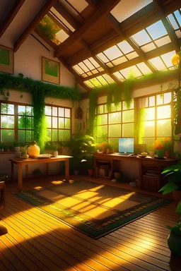 the essence of a memorable morning in the attic, where the golden morning sun bathes the space in warmth. The room is adorned with an array of vibrant plants, their leaves adorned with dewdrops, and the air is filled with the refreshing scent of an overflowing watering can. Amidst this green oasis, a computer hums softly, running a captivating computer game that unfolds on the screen. As the game progresses, the room is filled with the eclectic sounds of a SoundSampler, MIDI instruments, and t