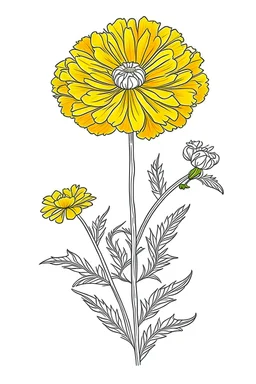 outline art for marigold flowers on a rough ground, white background, Sketch style, full body, only use outline, toddlers style, clean line art, white background, no shadows and clear and well outlined.