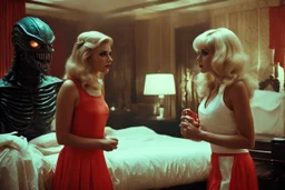 [vintage style noisy scratches glitches, Shot the texture and then rewound the film and double exposed from a colorful 1970s Italian movie] As the hot blonde cheerleader and the xenomorph mummy faced each other in the eerie hotel room, a palpable tension filled the air. The cheerleader, her youthful exuberance contrasting with the mummy's ancient horror, stood poised for a confrontation unlike any other. The xenomorph mummy, a fusion of unearthly terror and decaying majesty, regarded the cheerle