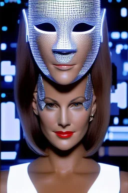 Technological singularity. Machine, fake smile, staring camera-eyes. 3D-tiling in adaptive background, lighted tower full of heads. Lightly armored, haughty. Cyber-punk full-mask. Lay figure woman with plastic milky skin. Repugnant behavior towards a human. tippets. Haute Couture 1996. Light right. Colors are silver, black, Cyan. Huge headphones. golden rings. Thick tights, Thick calves, Curved fell, Wide hip. Secretly change her head to another, which reveals face of