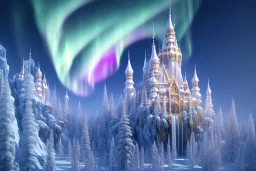  white and gold crystal castle，waterfall, winter snow flakessnow, northern Lights, full of details, smooth, bright sunshine，soft light atmosphere, light effect，vaporwave colorful, concept art, smooth, extremely sharp detail, finely tuned detail, ultra high definition, 8 k, unreal engine 5, ultra sharp focus