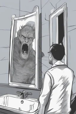 a man looking into a shattered bathroom mirror and seeing a horrifying, abstract deranged monster in his reflection