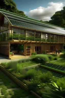 The house incorporates rainwater harvesting systems ,Constructed using sustainable and locally sourced materials, Situated in an area that maximizes natural resources,Designed with cross-ventilation and operable windows, Surrounded by native landscaping and edible gardens, solar panels and food garden . Equipped with composting facilities and recycling stations, CROP EQUIPMENT AND CROPS/foods